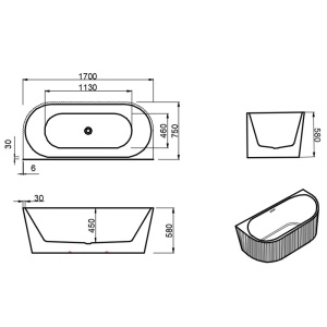 Cada de baie suport CARLO517D, Dimensiune 170x75cm, Design Elegant, Culoare Alb, Deversor negru - Img 10