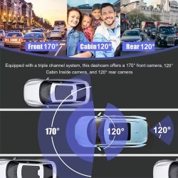 Camera Auto De Bord SeveShop FHD2K+1080P+1080P fata, spate si interior, Camp Vizual Ultra-Larg De 170°, Display 3 "4", Night Vision, Inregistrare Tripla, Loop Recording, G-sensor, Detectare Miscare - Img 5