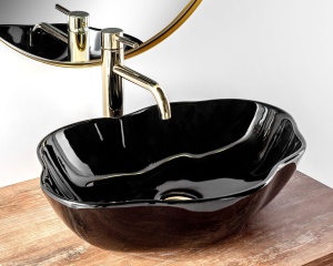 Chiuveta de blat REA ERA PEARL Negru lucios, Dimensiuni 51.5x 37.5 x 13.5cm, Forma asimetrica, Ceramica sanitara - Img 6
