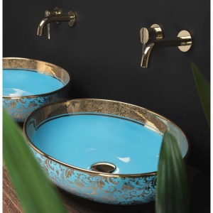 Chiuveta de blat REA MARGOT, Dimensiuni 42 x 34x 14 cm, Forma Ovala, Ceramica sanitara, Albastru/Auriu - Img 3