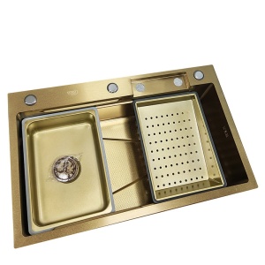 Chiuveta de bucatarie Costa Gold cu o singura cuva si cascada multifunctionala, dimensiune 75x46 cm