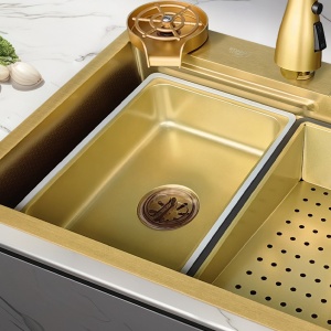 Chiuveta de bucatarie Costa Gold cu o singura cuva si cascada multifunctionala, dimensiune 75x46 cm - Img 2