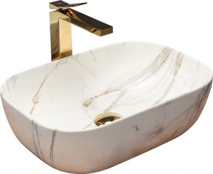 Lavoar De Blat REA BELINDA AIAX MARMURA, Dimensiuni 46 X 32 X 12.5 Cm, Montaj Pe Blat, Design Deosebit,Ceramica Sanitara, Maro/Alb