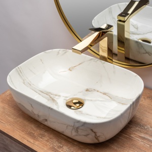 Lavoar De Blat REA BELINDA AIAX MARMURA, Dimensiuni 46 X 32 X 12.5 Cm, Montaj Pe Blat, Design Deosebit,Ceramica Sanitara, Maro/Alb - Img 4