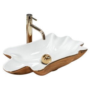Lavoar De Blat REA INFINITY WHITE GOLD, Dimensiuni 62 X 33 X 11.5 Cm, Montaj Pe Blat, Design Deosebit,Ceramica Sanitara, Alb / Auriu + Dop Click-Clack - Img 3