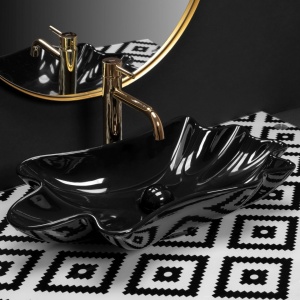 Lavoar De Blat REA SEA BLACK, Montaj Pe Blat, Design Deosebit, Forma Ovala - Ondulata, Ceramica Sanitara,Negru - Img 4