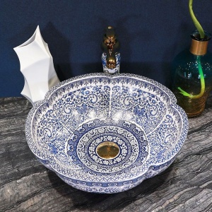 Lavoar de blat REA VIVIEN, 42.5x 42.5x 15 cm, Montaj Pe Blat, Design Deosebit, Forma Rorunda, Ceramica Sanitara, Alb/Albastru - Img 7