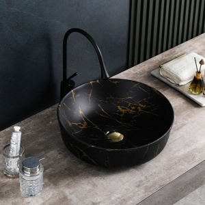 Lavoar pe blat, Fino, marmura ceramica negru cu model auriu, Rotund 41,5cm - Img 4