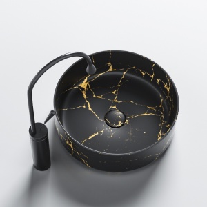 Lavoar pe blat, Lava, marmura ceramica negru cu model auriu, Rotund 36cm - Img 6