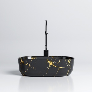 Lavoar pe Blat, Milo, Marmura Ceramica Negru Lucios cu Model Auriu , Dreptunghiular 45,5 x 32,5 x 13,5 cm - Img 8