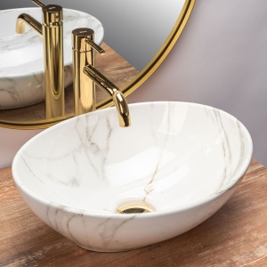 Lavoar REA Sofia AIAX Shiny, 41x34.5x15 cm, montaj pe blat, design deosebit, ceramica sanitara, Imitatie Marmura - Img 4