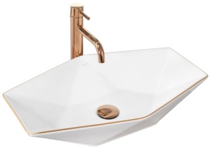 Lavoar REA VEGAS ROSE GOLD EDGE 57x37 cm, montaj pe blat, design deosebit, ceramica sanitara, Alb - Img 1