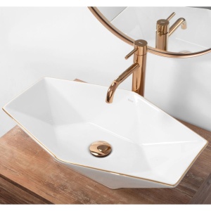 Lavoar REA VEGAS ROSE GOLD EDGE 57x37 cm, montaj pe blat, design deosebit, ceramica sanitara, Alb - Img 2