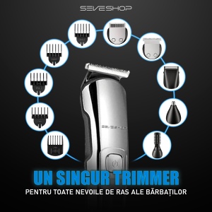 Masina de Tuns si Aparat de Ras, Profesional SeveShop - IPX7, 11 Piese, Trimmer, Tuns Par, Barba, Mustata, Nas, Ureche, Corp, Design Ergonomic, Lame din Otel Inoxidabil cu Auto-Ascutire, Reincarcabil cu USB, Display LED, Zgomot Redus, Negru Glossy - Img 5