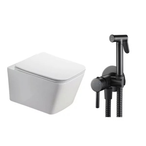 Pachet vas wc suspendat Fluminia Paris, capac softclose si set dus igiena intima negru cu baterie incastrata Rea Loop - Img 1