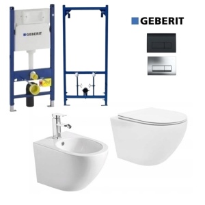 Set Bideu si Vas WC PRO GEBERIT, montaj suspendat, ceramica sanitara,Vas WC VERA Alfonzo RIMLESS + Bideu + Capac Soft-Close SLIM PREMIUM+Cadru+Clapeta - Img 1