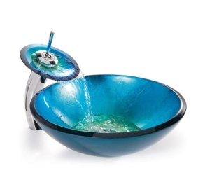 Set complet Chiuveta de blat PRO ERA GLASS si baterie, Forma rotunda, Dimensiuni 42 cm x 42 x 14 cm, Sticla temperata, Albastru