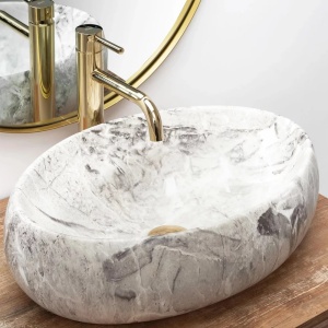Set lavoar pe blat Rea Linda Stone piatra + baterie Lungo + ventil Click-Clack universal - Img 6