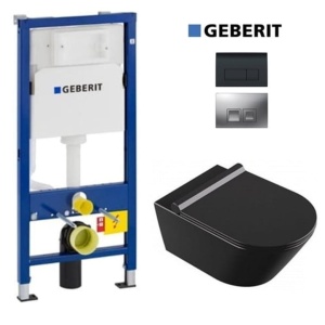 Set Vas WC PRO GEBERIT, Montaj Suspendat, Ceramica Sanitara, Vas WC SONET BLACK RIMLESS + Capac Soft-Close SLIM Inclus + Cadru + Clapeta