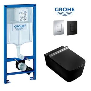 Set Vas WC PRO GROHE, Montaj Suspendat, Ceramica Sanitara, Vas WC CUBIC BLACK RIMLESS + Capac Soft-Close SLIM Inclus + Cadru + Clapeta
