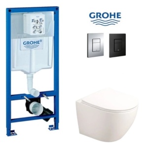 Set Vas WC PRO GROHE, Montaj Suspendat, Ceramica Sanitara, Vas WC Rimless Fluminia Alfonzo + Model Capac Soft-Close Inclus + Cadru + Clapeta