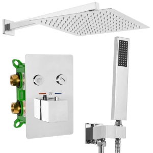 Sistem Complet De Dus REA FENIX DAVIS CHROM + Termostatic, BOX, Montaj In Perete, Para Patrata Tip Ploaie 30 x 30 Cm, 2 Functii De Curgere A Apei, Crom
