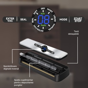 Aparat de Vidat si Sigilat Alimente SeveShop®, Bare de Lipire 30 cm, 7 Moduri de Operare, Uscat, Umed, Lichid, Display LED Tri-Color, Cutter Integrat, Tava Detasabila, Aparat Vidat cu Furtun pentru Recipiente, Sigilare 5 kg, Aparat Vidat Alimente Negru - Img 5