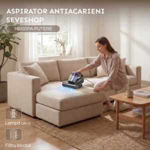 Aspirator Antiacarieni, SeveShop®, Aspirator Cu Filtru HEPA Lavabil, Motor 500W, 16000Pa, Vibratii Deprofundare, Lampa UV-C 253.7nm, Incalzire Aer, Aspirator Ideal Pentru Saltele Si Canapele, Usor De Manuit, Aspirator Cu Actiune Profunda, Negru - Img 2