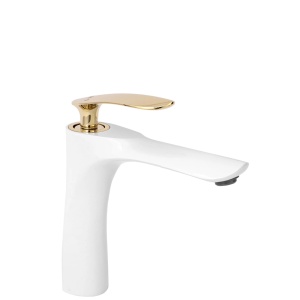 Baterie Lavoar REA ORBIT WHITE GOLD LOW, Montaj Pe Lavoar, Capat Fix, Monocomanda, Inaltime 11.7 Cm, Alb/Auriu - Img 1