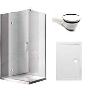 Cabina de dus KZ02C Dreptunghiulara 110x80cm, Culoare Crom + Cadita de dus , Culoare Alb