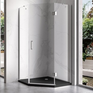 Cabina de dus KZ10C Pentagonala 100x100cm, Culoare Crom + Cadita de dus , Culoare Negru - Img 2