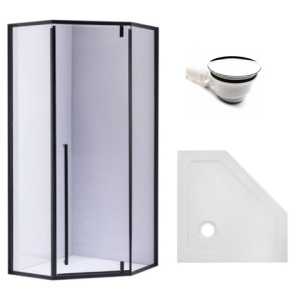 Cabina de dus Pentagonala BS07B, Dimensiune 90x90cm, Culoare Negru + Cadita de dus ST07B-WH slim alba