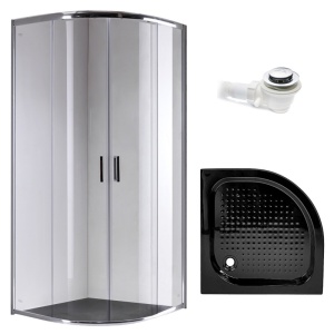 Cabina de dus semicirculara din sticla securizata 6mm cu cadita de dus neagra slim KZ94B-SXL01B 90 x 90 cm