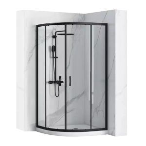 Cabina dus Rea Look 80x100 cu usi culisante si Cadita Semirotunda, Negru mat