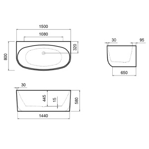 Cada de baie NORA 526B, Dimensiune 150x80cm, Culoare Alb, Deversor Alb mat - Img 2