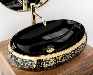 Chiuveta de blat REA Meryl Black, 60x40.5 x 14.5 cm, Montaj Pe Blat, Design Deosebit, Ceramica Sanitara, Negru / Auriu - Img 3
