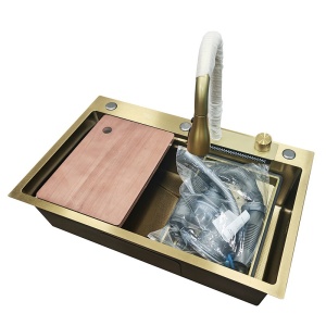 Chiuveta de bucatarie Costa Gold cu o singura cuva si cascada multifunctionala, dimensiune 75x46 cm - Img 9