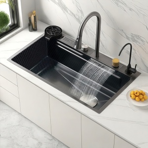 Chiuveta de bucatarie Tokyo cu o singura cuva si cascada, Dimensiune 75x46cm, Culoare Neagra - Img 1