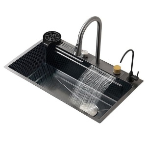 Chiuveta de bucatarie Tokyo cu o singura cuva si cascada, Dimensiune 75x46cm, Culoare Neagra - Img 5