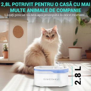 Dispenser Apa Automat SeveShop, Fantana pentru Pisici si Caini, Ultra Silentios, Control App, Sistem Recirculare si Filtrare Carbon Activ, Mentine Gustul Natural al Apei, Capacitate 2.8 L, Ideal pentru Toate Taliile, Alb Mat - Img 4