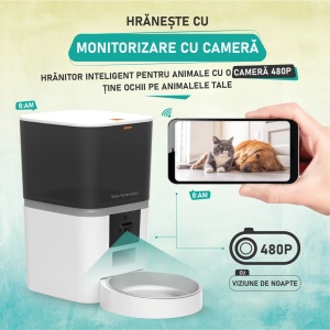 Hranitor automat SeveShop QQ009 WiFi, camera video, audio, vas inox, functie dozator caini sau pisici, functie adapator, sunet hranire, programabil, sursa alimentare dubla, 6L, aplicatie telefon, alb - Img 2