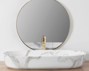 Lavoar De Blat REA CLEO 81 SHINNY MARMO, Dimensiuni 81 X 41 X 13.5 Cm, Design Deosebit, Forma Dreptunghiulara, Ceramica Sanitara, Alb/Gri - Img 4