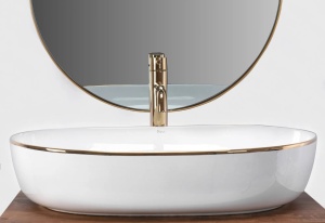 Lavoar De Blat REA CLEO ALB cu MARGINEA AURIE, Dimensiuni 60.5 X 41 X 14 Cm, Montaj Pe Blat, Forma Ovala, Ceramica Sanitara, Alb/Auriu - Img 4
