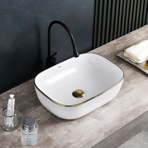 Lavoar pe Blat, Milo, Marmura Ceramica, Alb Lucios cu margine Gold Lucios , Dreptunghiular 45,5 x 32,5 x 13,5 cm - Img 10