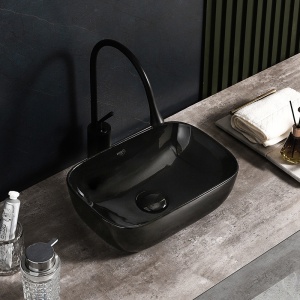 Lavoar pe Blat, Milo, Marmura Ceramica Negru Lucios , Dreptunghiular 37 x 25 x 11,5 cm - Img 2