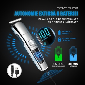 Masina de Tuns si Aparat de Ras, Profesional SeveShop - IPX7, 11 Piese, Trimmer, Tuns Par, Barba, Mustata, Nas, Ureche, Corp, Design Ergonomic, Lame din Otel Inoxidabil cu Auto-Ascutire, Reincarcabil cu USB, Display LED, Zgomot Redus, Negru Glossy - Img 6