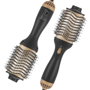 Perie de Par 4 in 1, SeveShop, Uscator si Styler Portabil 1000W, 3 Trepte de Viteza, 2 Temperaturi, Aer Rece, Design Oval 34x11 cm, Motor Puternic pentru Uscare Rapida, Perie Nylon Anti-Incalcire pentru Volum, Indreptare si Ondulare, Negru Auriu