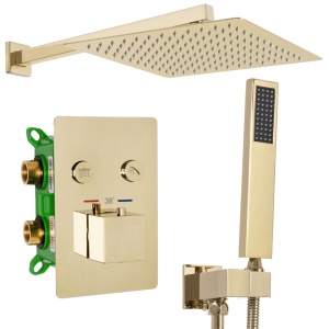 Set Baterie Dus Cu Termostat 2 Functii REA DAVIS L.GOLD, Montaj In Perete, Para Patrata Tip Ploaie 30 X 30 Cm, 2 Functii , Finisaj Auriu