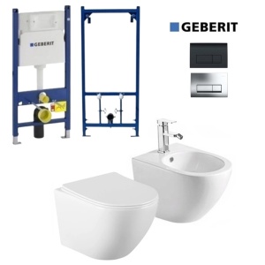 Set Bideu si Vas WC PRO GEBERIT, ceramica sanitara, Vas WC VITO RIMLESS +Bideu +Capac Soft-Close SLIM PREMIUM +Cadru +Clapeta - Img 1