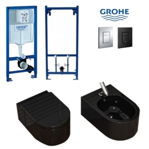 Set Bideu si Vas WC PRO GROHE, montaj suspendat, ceramica sanitara,Vas WC LORENT +Bideu +Capac Soft-Close SLIM PREMIUM+Cadru +Clapeta